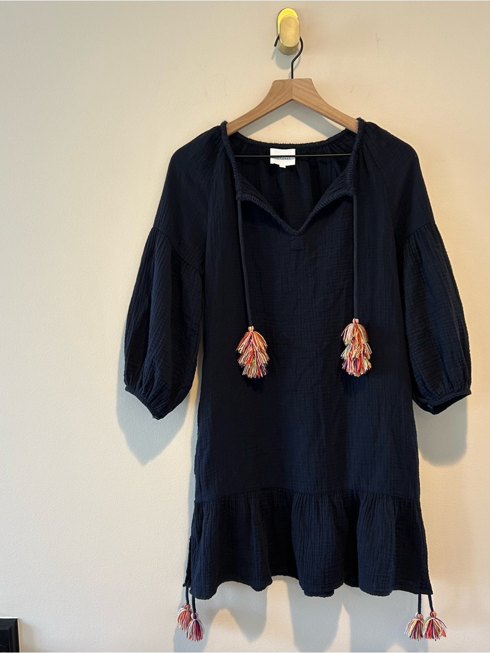 Anthropologie Sundays Navy Midi Dress with Multicolor Tassels